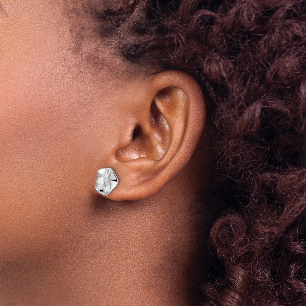 Sterling Silver White Ice Rhodium-Plated Diamond Wavy Disc Post Earrings