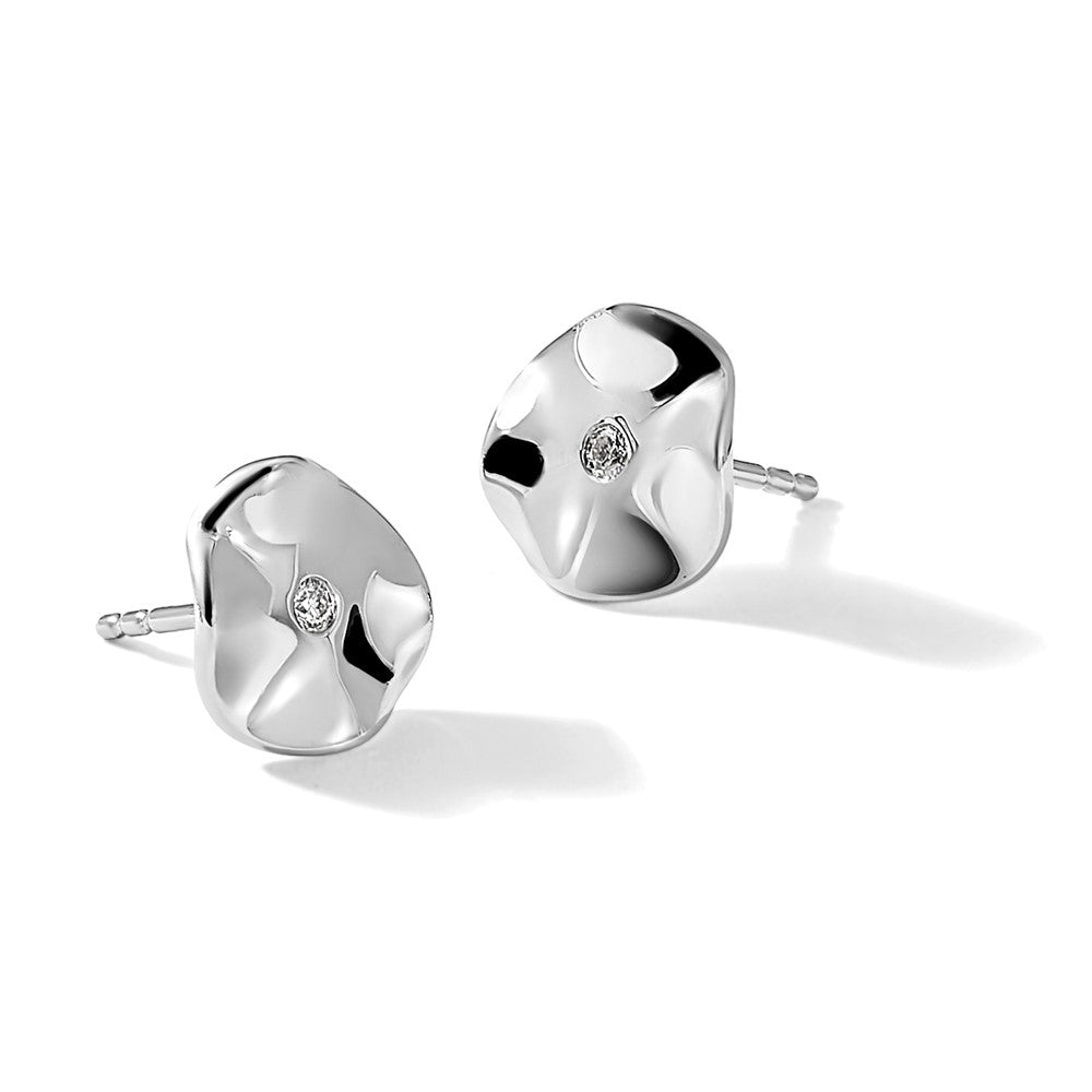 Sterling Silver White Ice Rhodium-Plated Diamond Wavy Disc Post Earrings