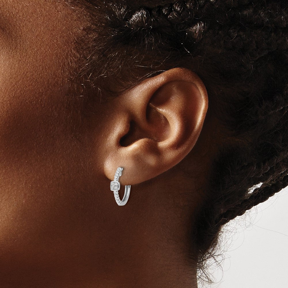 Sterling Silver White Ice Rhodium-Plated Diamond Square Hoop Earrings