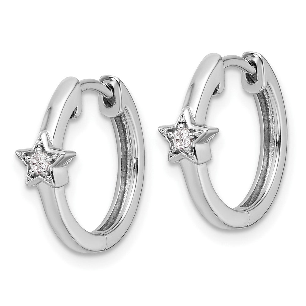 Sterling Silver White Ice Rhodium-Plated Diamond Star Hinged Hoop Earrings