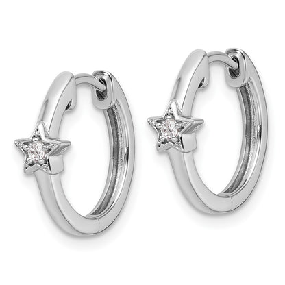 Sterling Silver White Ice Rhodium-Plated Diamond Star Hinged Hoop Earrings