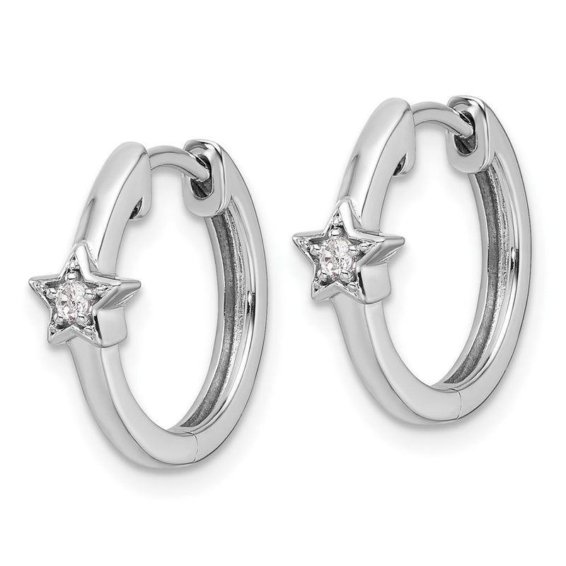 Sterling Silver White Ice Rhodium-Plated Diamond Star Hinged Hoop Earrings