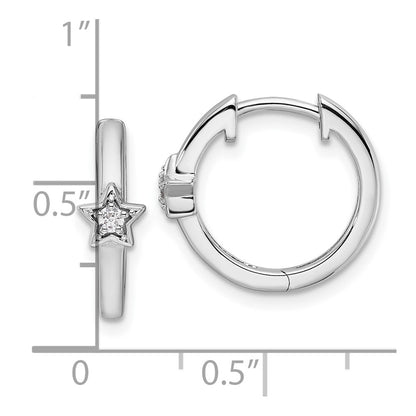 Sterling Silver White Ice Rhodium-Plated Diamond Star Hinged Hoop Earrings