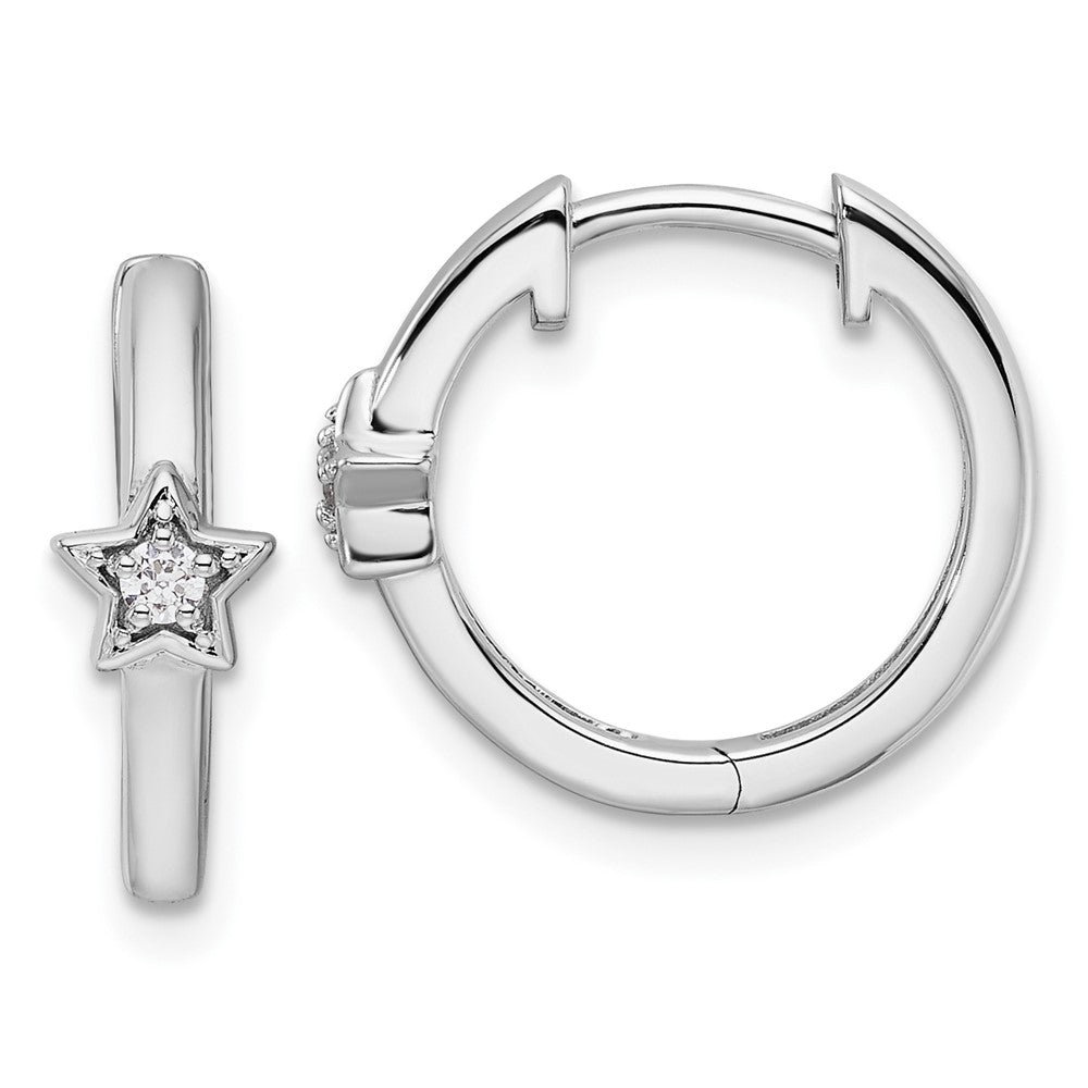 Sterling Silver White Ice Rhodium-Plated Diamond Star Hinged Hoop Earrings