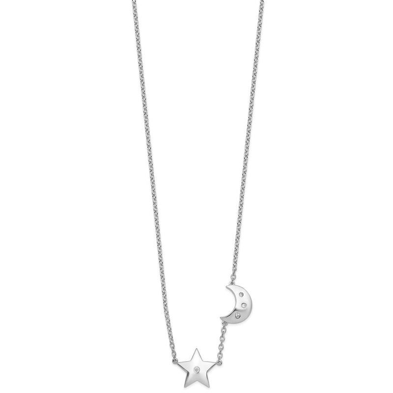 Sterling Silver White Ice Rhodium-Plated Diamond Star and Moon Necklace