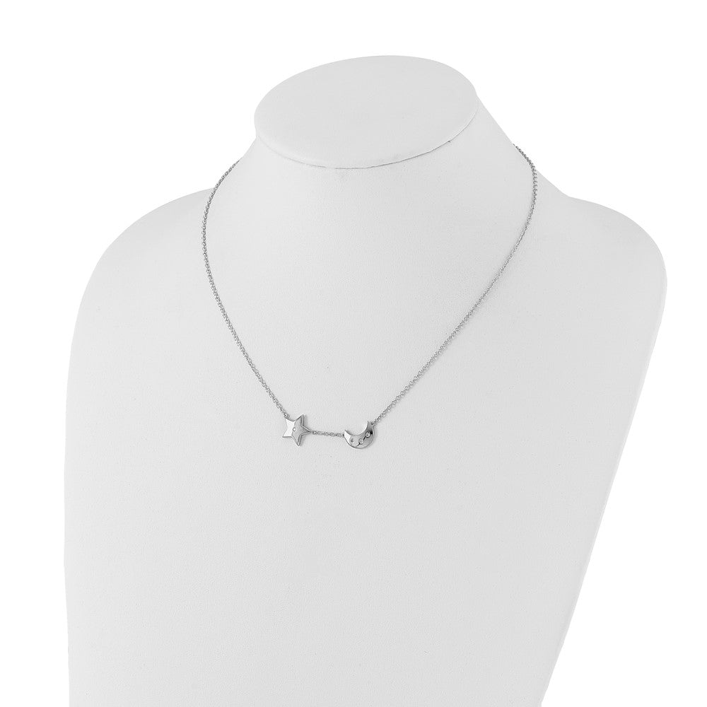 Sterling Silver White Ice Rhodium-Plated Diamond Star and Moon Necklace