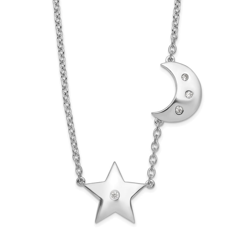 Sterling Silver White Ice Rhodium-Plated Diamond Star and Moon Necklace