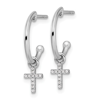 Sterling Silver White Ice Rhodium-Plated Diamond Cross Dangle Post Earrings