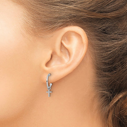 Sterling Silver White Ice Rhodium-Plated Diamond Cross Dangle Post Earrings