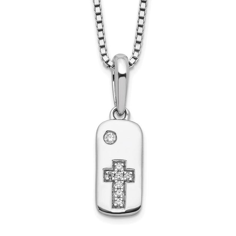 Sterling Silver White Ice Rhodium-Plated Diamond Cross Tag Necklace