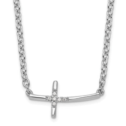 Sterling Silver White Ice Rhodium-Plated Diamond Sideways Cross Necklace