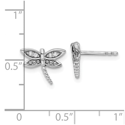 Sterling Silver White Ice Rhodium-Plated Diamond Dragonfly Post Earrings