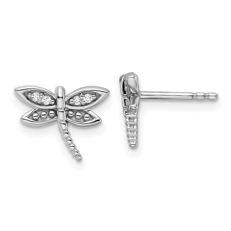 Sterling Silver White Ice Rhodium-Plated Diamond Dragonfly Post Earrings