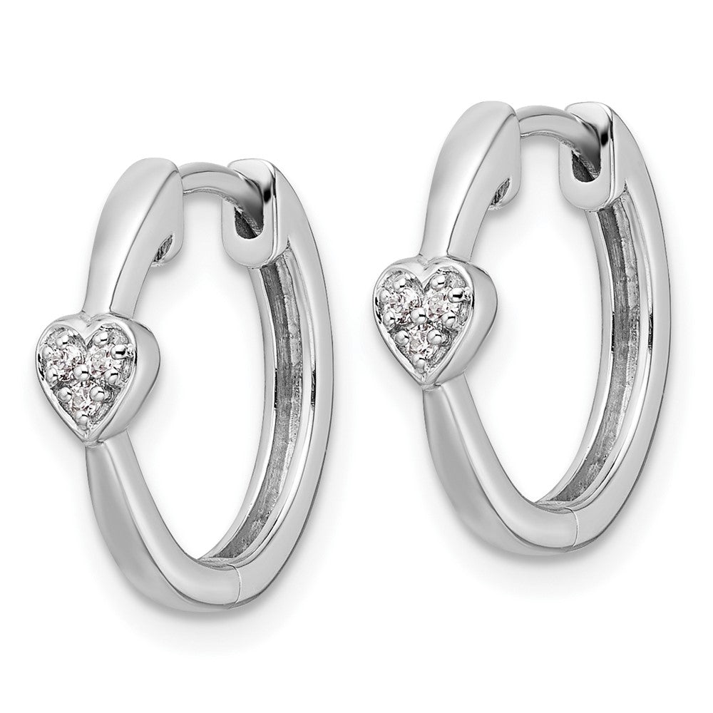 Sterling Silver White Ice Rhodium-Plated Diamond Heart Hinged Hoop Earrings