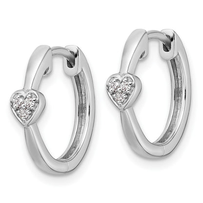 Sterling Silver White Ice Rhodium-Plated Diamond Heart Hinged Hoop Earrings
