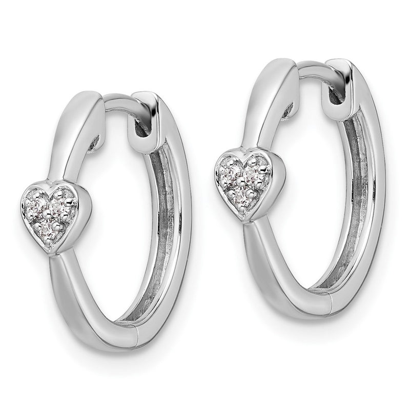 Sterling Silver White Ice Rhodium-Plated Diamond Heart Hinged Hoop Earrings