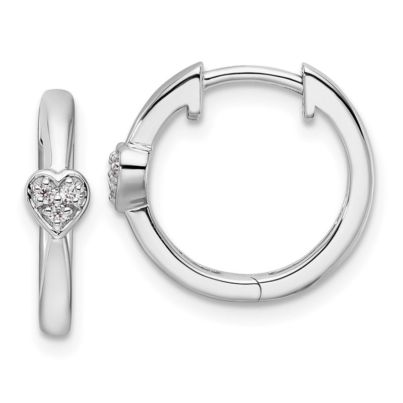 Sterling Silver White Ice Rhodium-Plated Diamond Heart Hinged Hoop Earrings