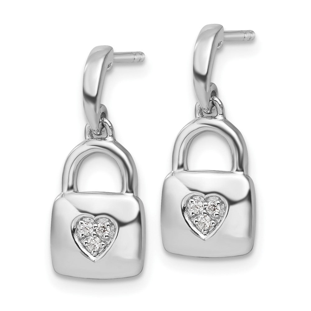 Sterling Silver White Ice Rhodium Plated Diamond Heart Lock Dangle Post Earrings