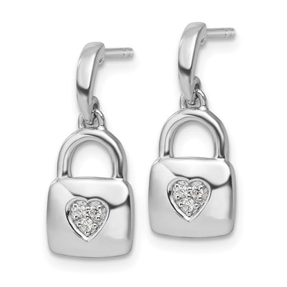Sterling Silver White Ice Rhodium Plated Diamond Heart Lock Dangle Post Earrings