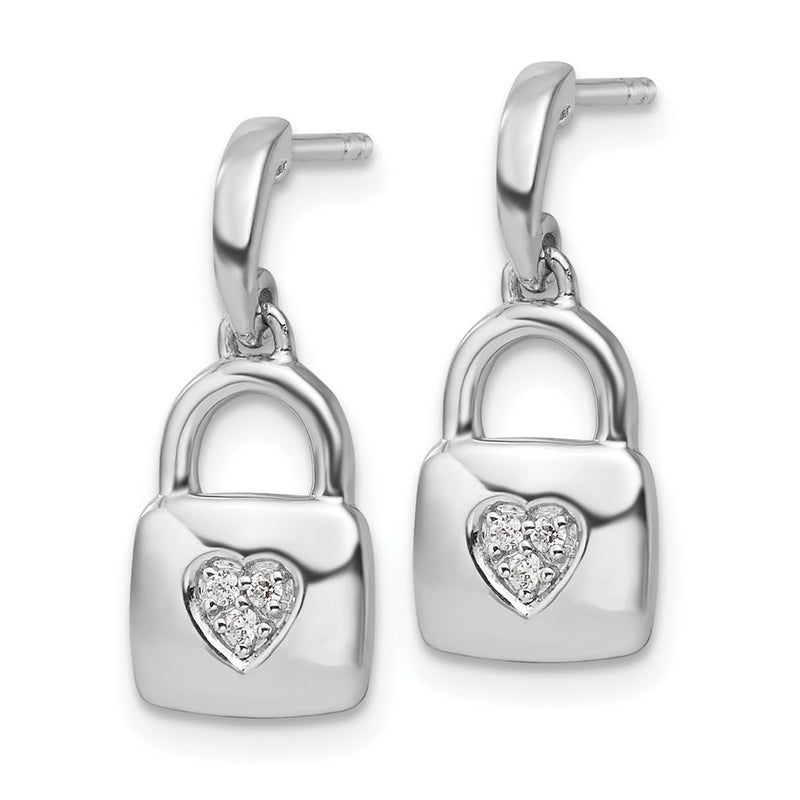 Sterling Silver White Ice Rhodium Plated Diamond Heart Lock Dangle Post Earrings