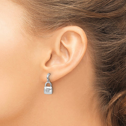 Sterling Silver White Ice Rhodium Plated Diamond Heart Lock Dangle Post Earrings