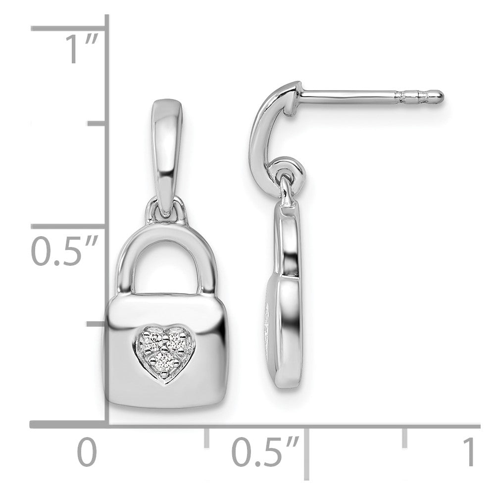 Sterling Silver White Ice Rhodium Plated Diamond Heart Lock Dangle Post Earrings