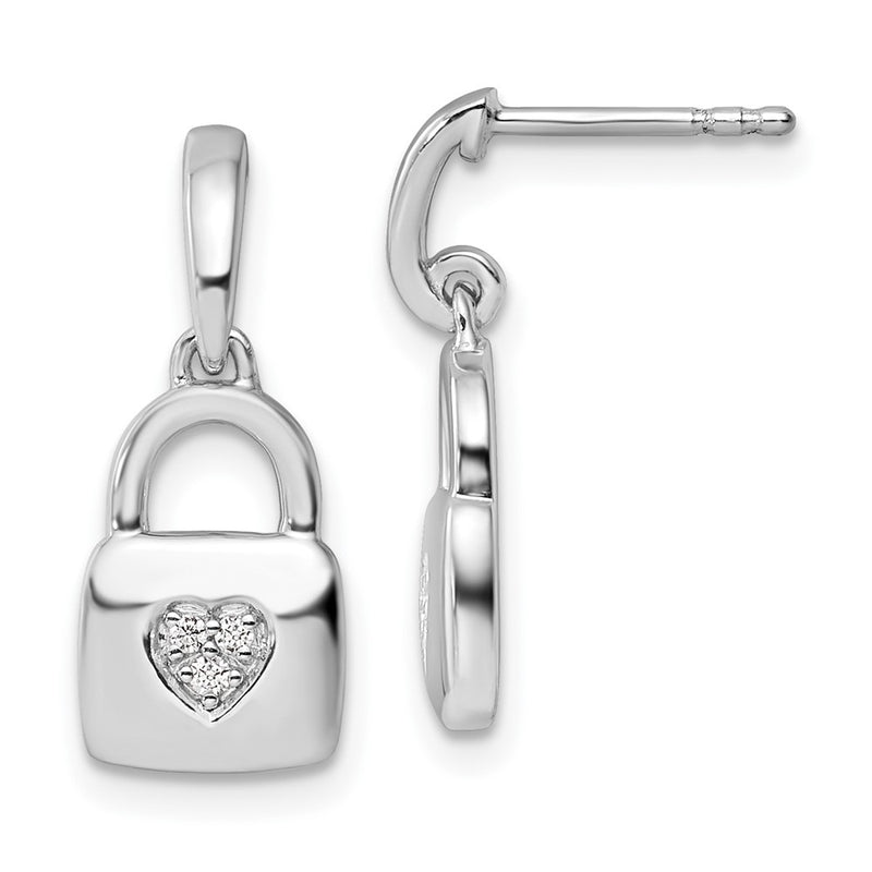 Sterling Silver White Ice Rhodium Plated Diamond Heart Lock Dangle Post Earrings