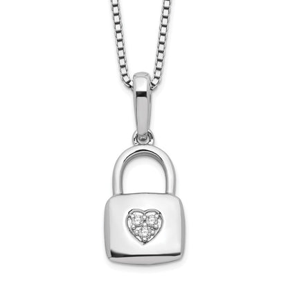 Sterling Silver White Ice Rhodium-Plated Diamond Heart Lock Necklace