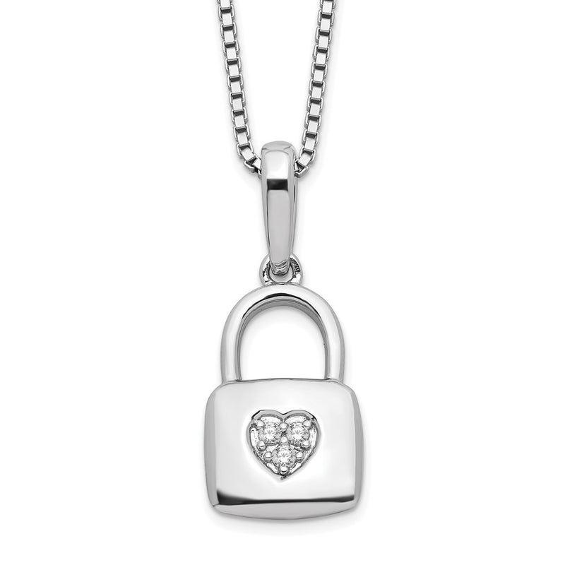 Sterling Silver White Ice Rhodium-Plated Diamond Heart Lock Necklace