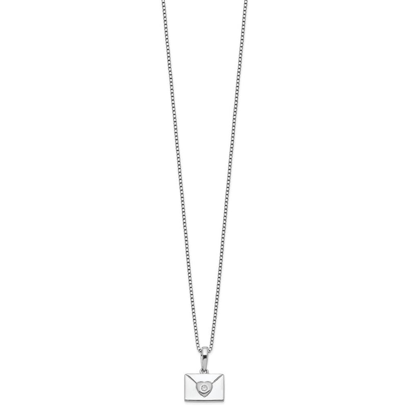 Sterling Silver White Ice Rhodium-Plated Diamond Heart Envelope Necklace
