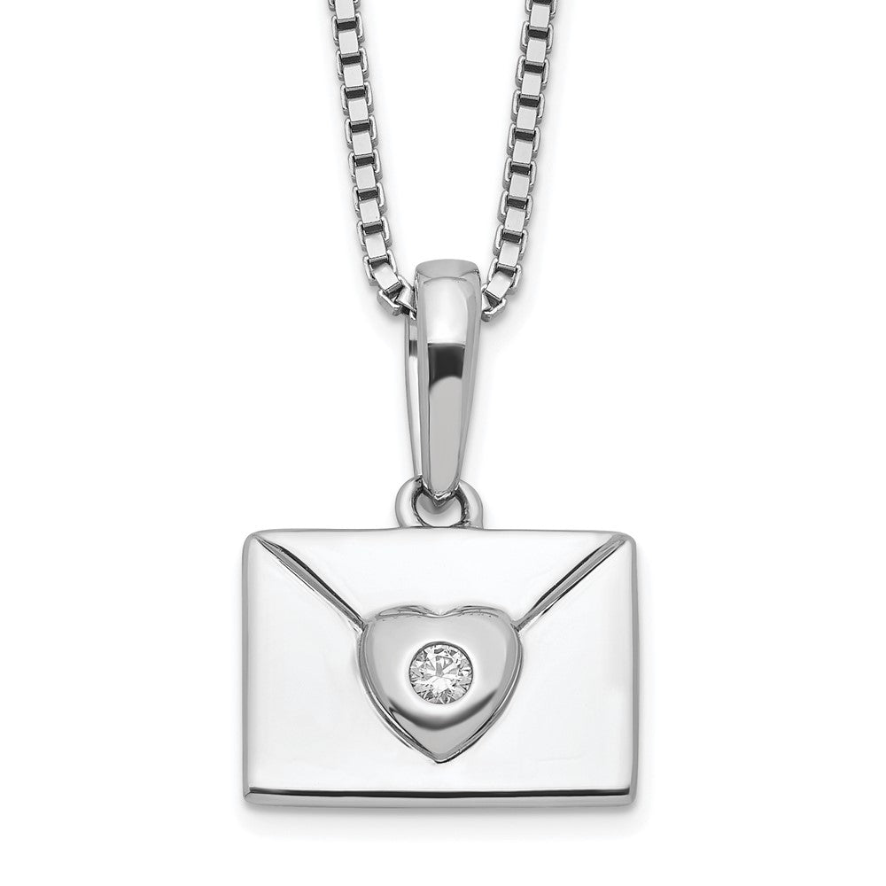 Sterling Silver White Ice Rhodium-Plated Diamond Heart Envelope Necklace