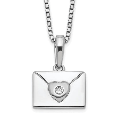 Sterling Silver White Ice Rhodium-Plated Diamond Heart Envelope Necklace