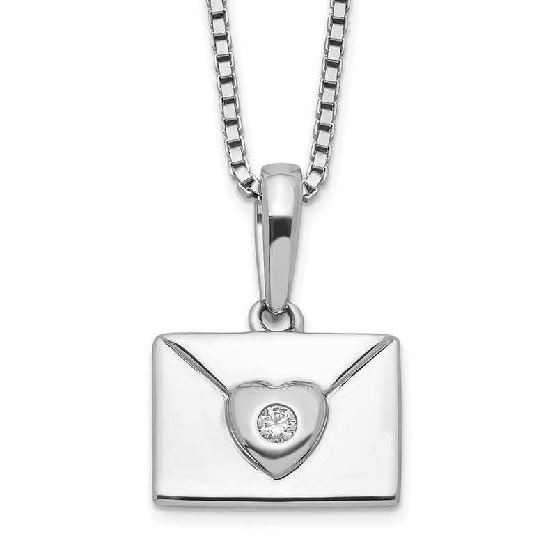 Sterling Silver White Ice Rhodium-Plated Diamond Heart Envelope Necklace