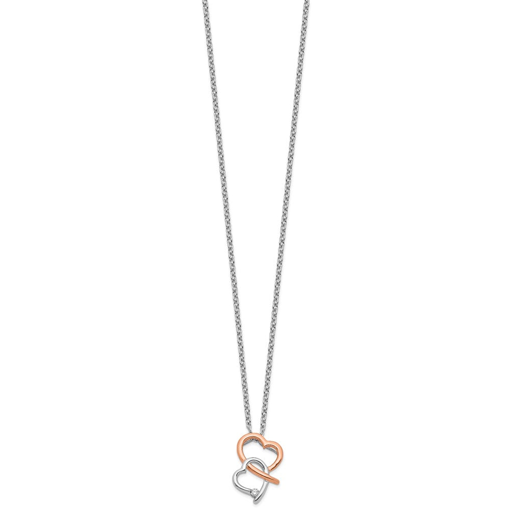 Sterling Silver White Ice Rhodium Plated Rose-Tone Diamond Hearts Necklace