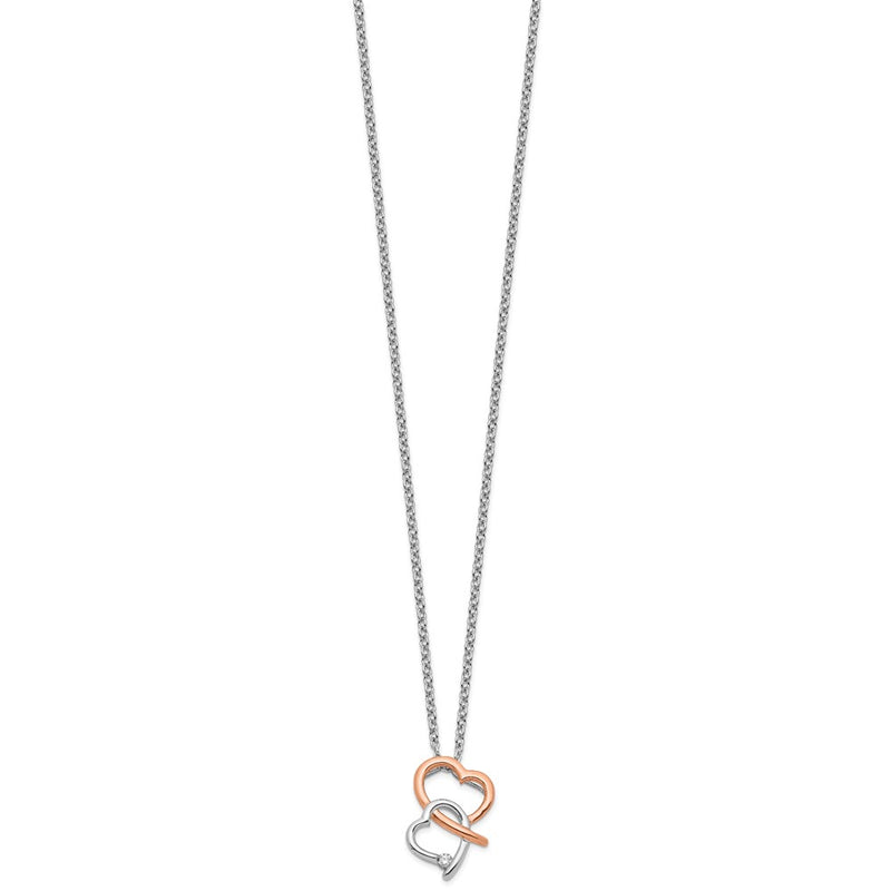 Sterling Silver White Ice Rhodium Plated Rose-Tone Diamond Hearts Necklace