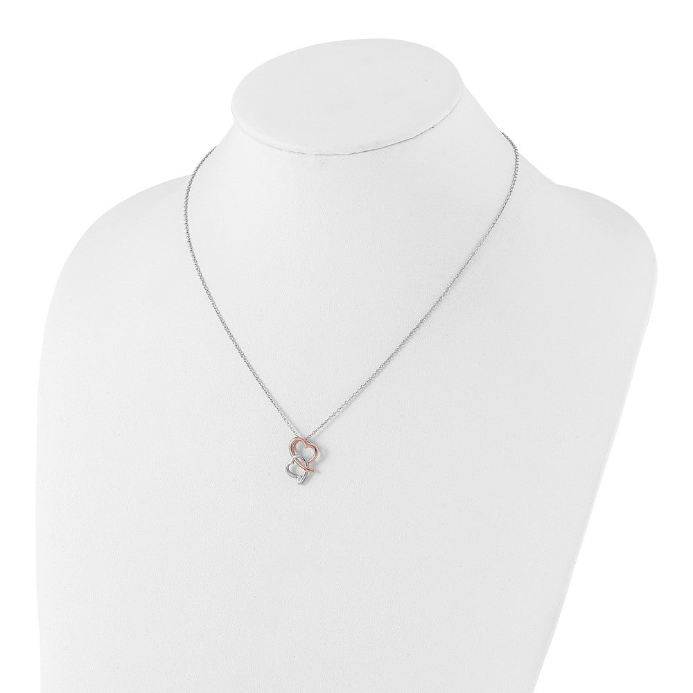 Sterling Silver White Ice Rhodium Plated Rose-Tone Diamond Hearts Necklace
