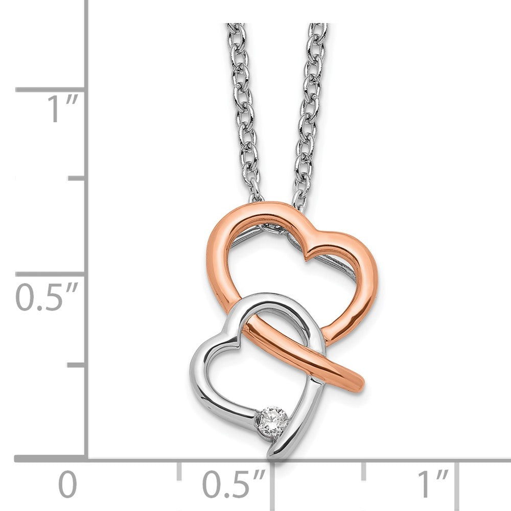 Sterling Silver White Ice Rhodium Plated Rose-Tone Diamond Hearts Necklace