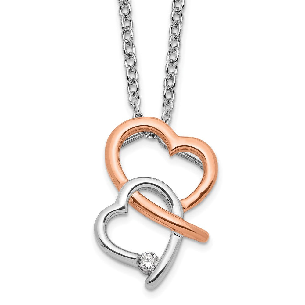 Sterling Silver White Ice Rhodium Plated Rose-Tone Diamond Hearts Necklace