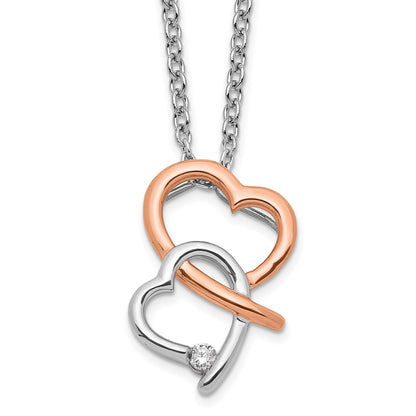 Sterling Silver White Ice Rhodium Plated Rose-Tone Diamond Hearts Necklace