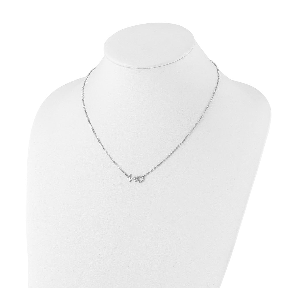 Sterling Silver White Ice Rhodium Plated Diamond Heart with Heartbeat Necklace