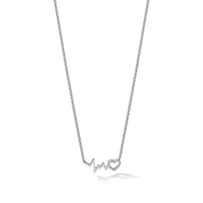 Sterling Silver White Ice Rhodium Plated Diamond Heart with Heartbeat Necklace