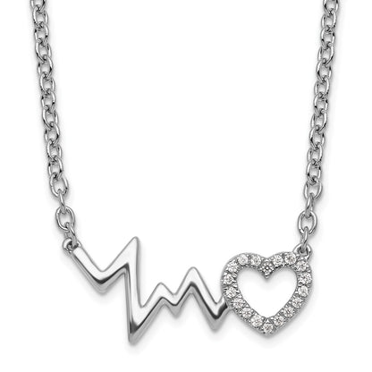 Sterling Silver White Ice Rhodium Plated Diamond Heart with Heartbeat Necklace
