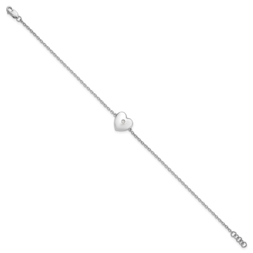 Sterling Silver White Ice Rhodium-Plated Diamond Heart W/ .5in Ext. Bracele