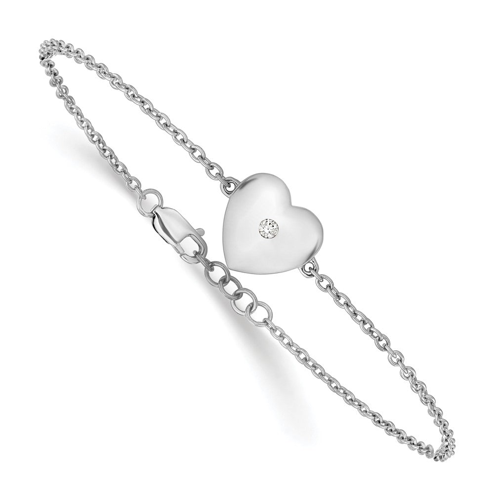 Sterling Silver White Ice Rhodium-Plated Diamond Heart W/ .5in Ext. Bracele