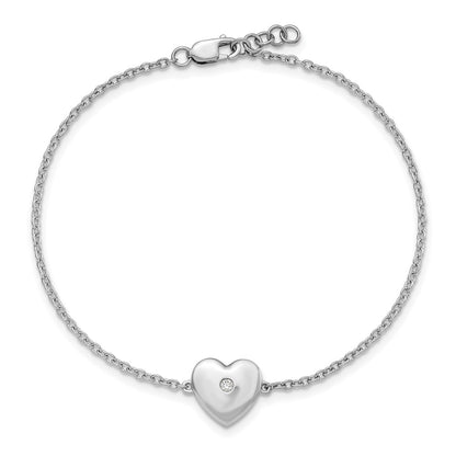 Sterling Silver White Ice Rhodium-Plated Diamond Heart W/ .5in Ext. Bracele