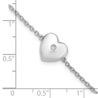 Sterling Silver White Ice Rhodium-Plated Diamond Heart W/ .5in Ext. Bracele
