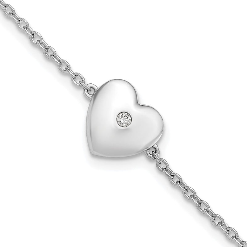 Sterling Silver White Ice Rhodium-Plated Diamond Heart W/ .5in Ext. Bracele