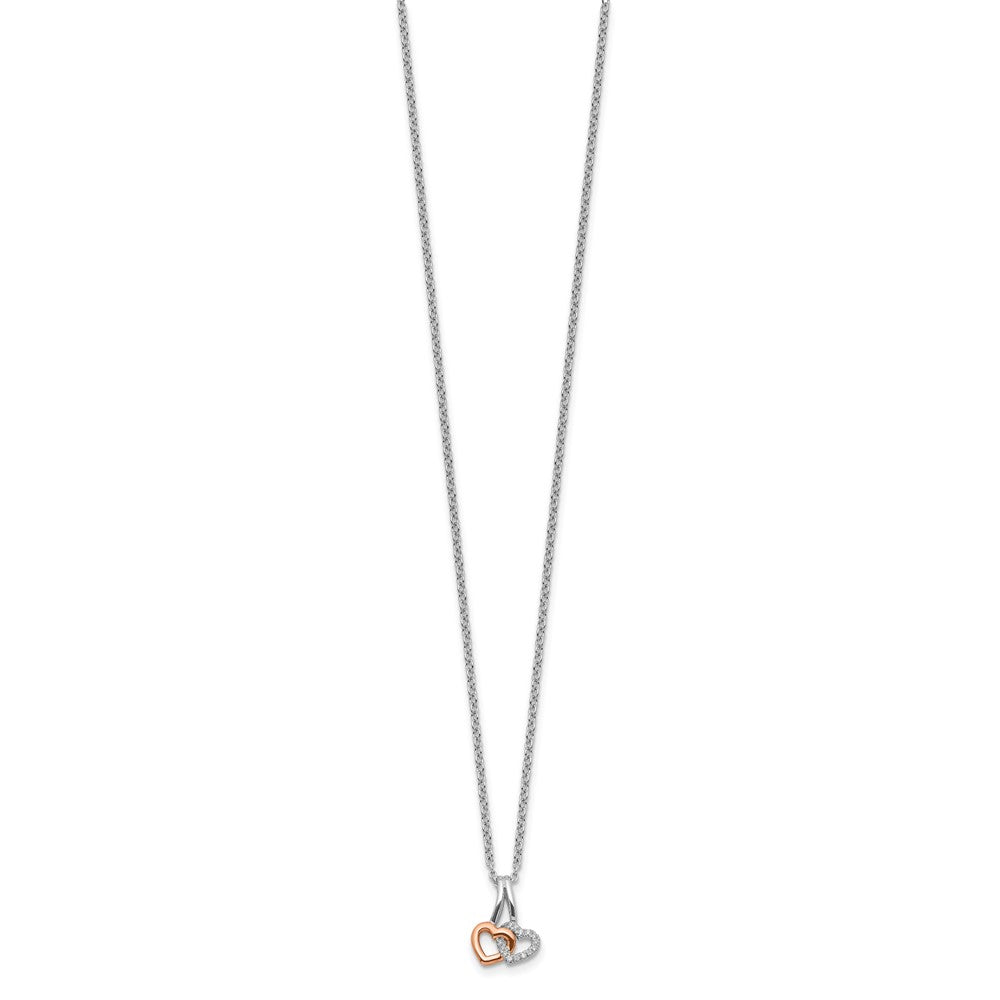 Sterling Silver White Ice Rhodium Plated & Rose-Tone Diamond Hearts Necklace