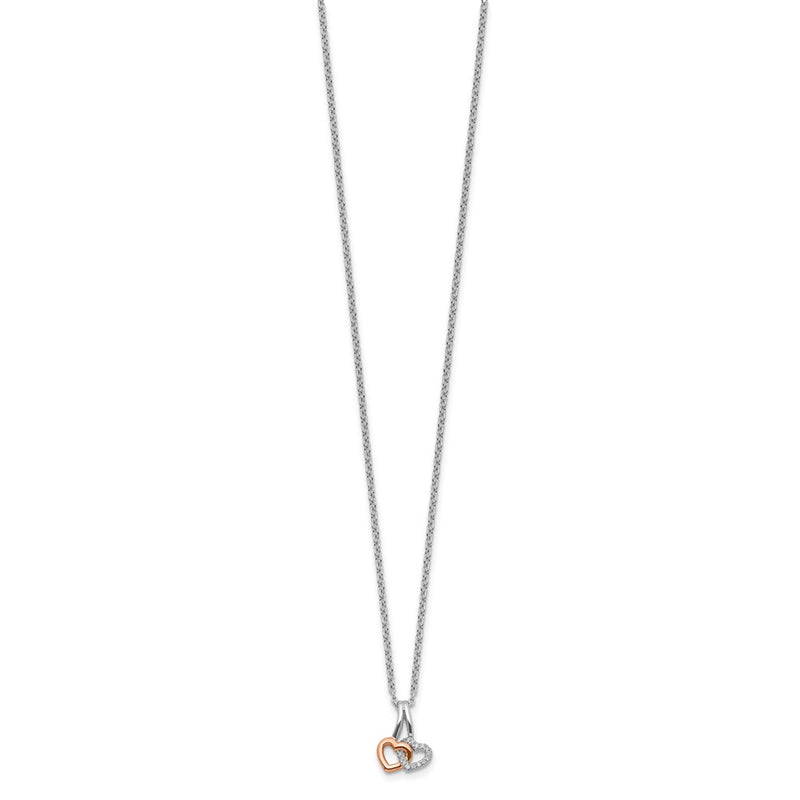 Sterling Silver White Ice Rhodium Plated & Rose-Tone Diamond Hearts Necklace