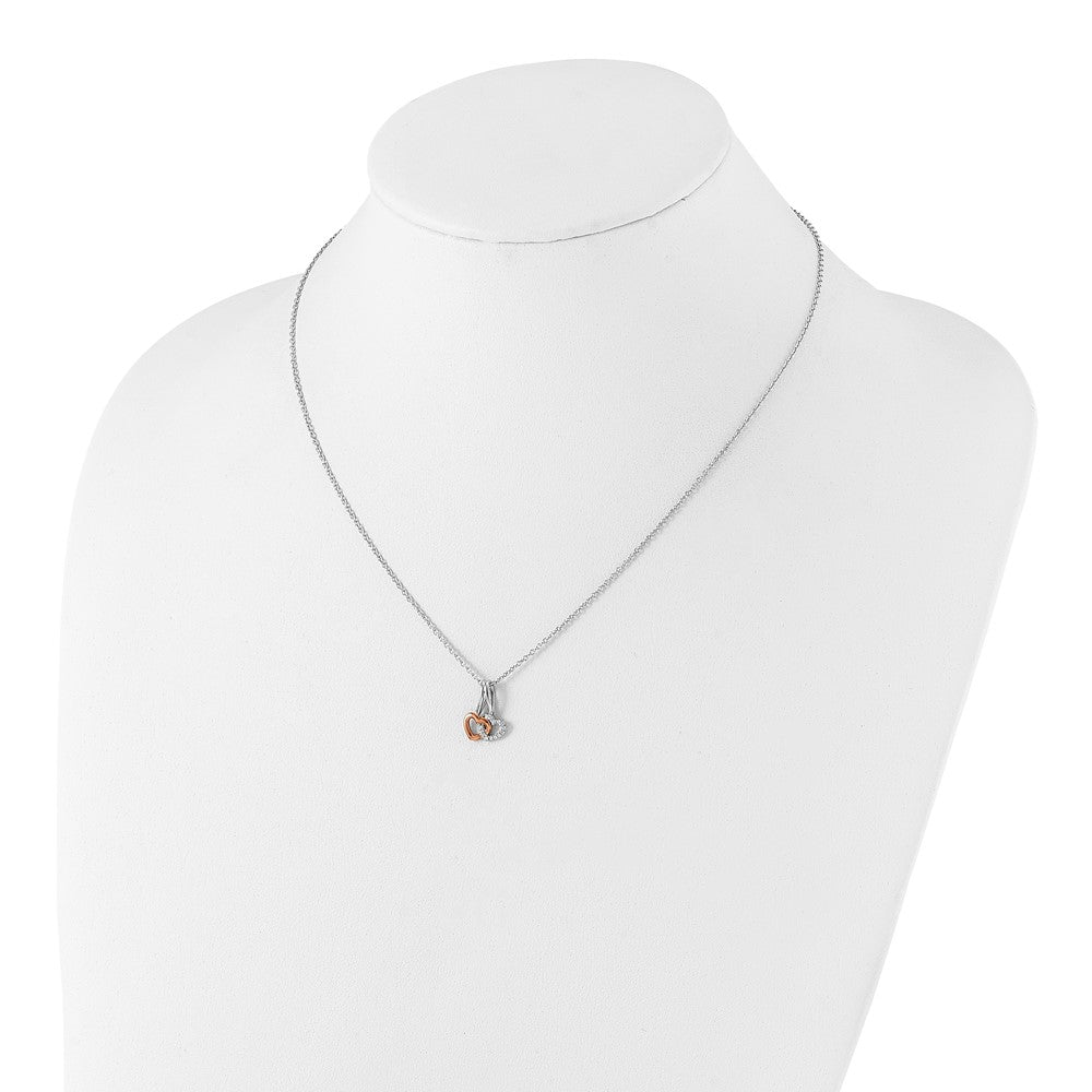 Sterling Silver White Ice Rhodium Plated & Rose-Tone Diamond Hearts Necklace